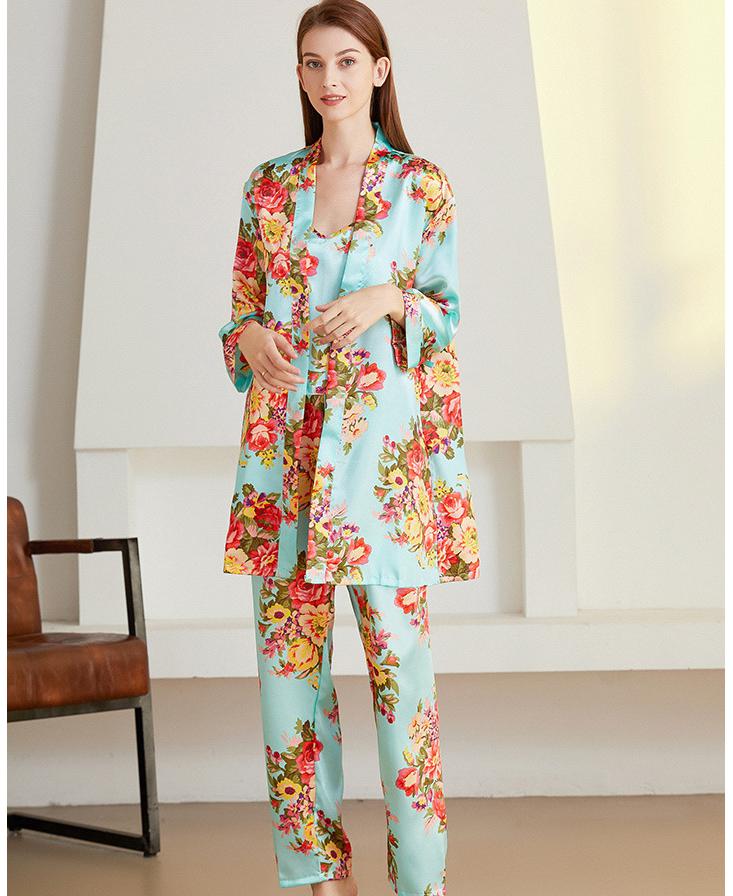 3 Pieces Flower Printed Long Sleeve Pajama Set Home Clothing-Original Pajamas