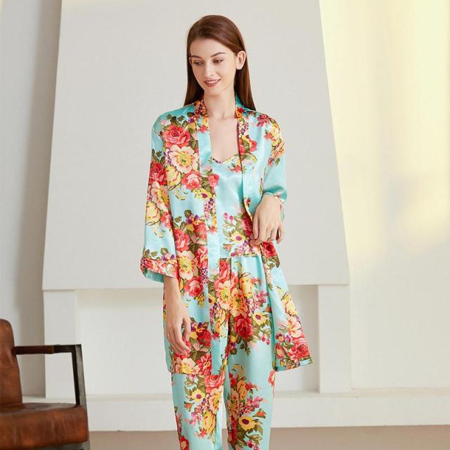 3 Pieces Flower Printed Long Sleeve Pajama Set Home Clothing-Original Pajamas