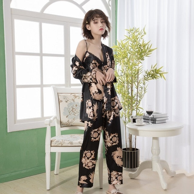 3 Piece Women Silk Pajamas Set Printed Slings Pants Loungewear-Original Pajamas