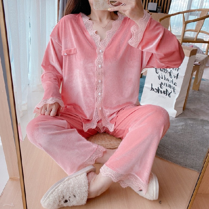 3PCS Pink Lady Pajamas Sets V-Neck Sleepwear Bride Home Wear-Original Pajamas