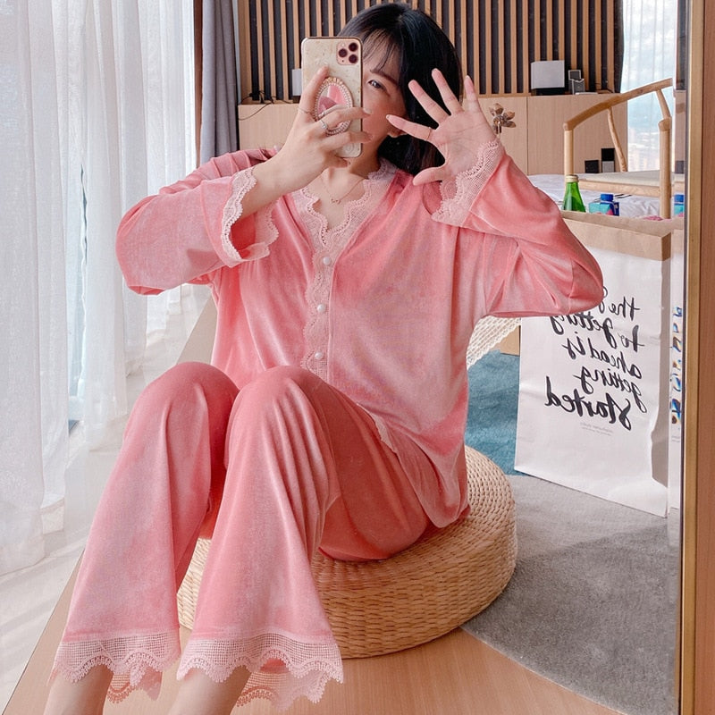 3PCS Pink Lady Pajamas Sets V-Neck Sleepwear Bride Home Wear-Original Pajamas