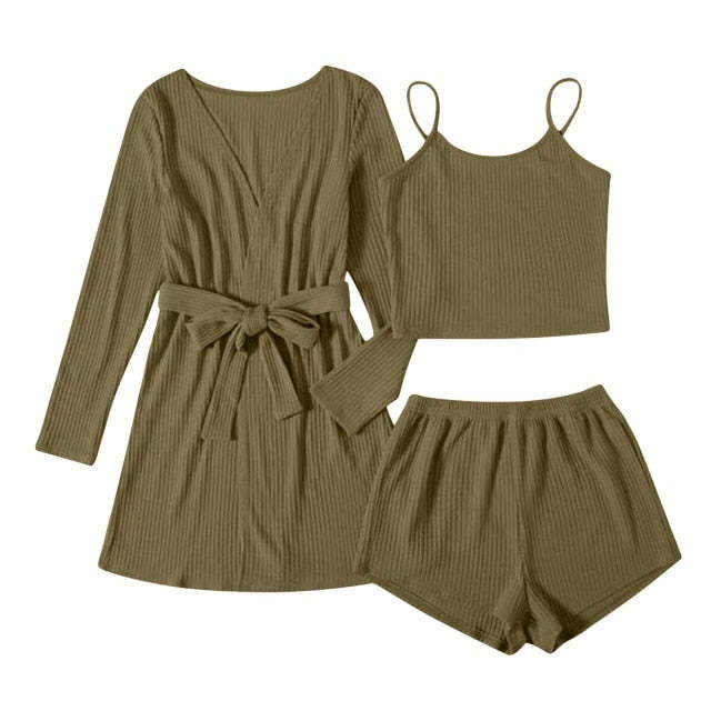 3 Piece Ribbed Cotton Pajamas Women Sleepwear Set-Original Pajamas
