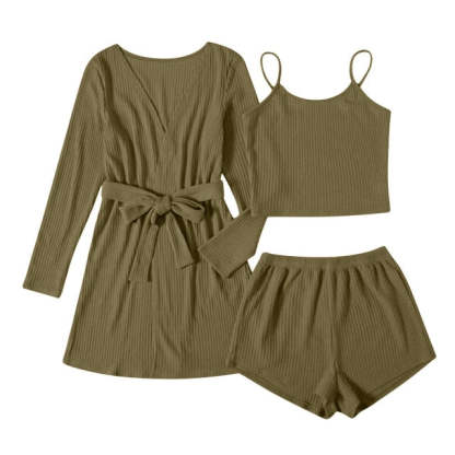 3 Piece Ribbed Cotton Pajamas Women Sleepwear Set-Original Pajamas