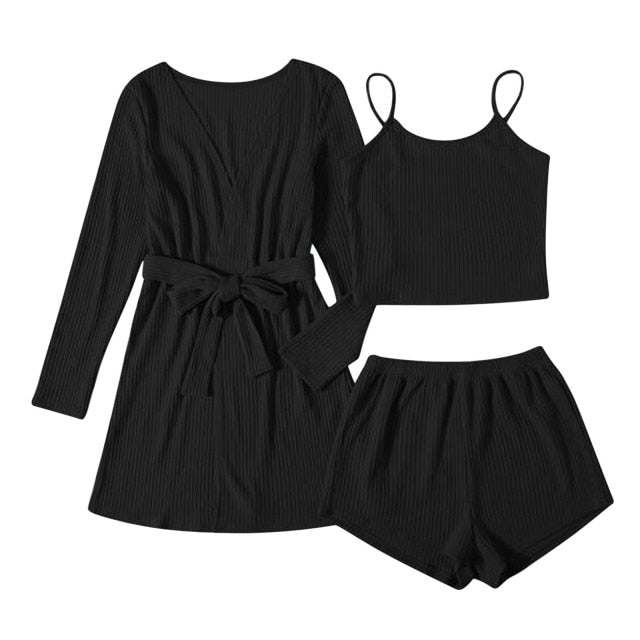 3 Piece Ribbed Cotton Pajamas Women Sleepwear Set-Original Pajamas