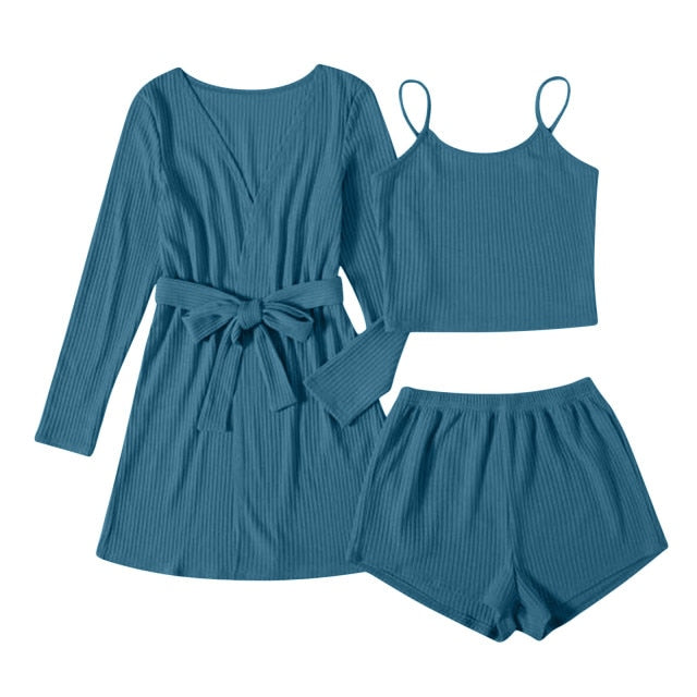 3 Piece Ribbed Cotton Pajamas Women Sleepwear Set-Original Pajamas