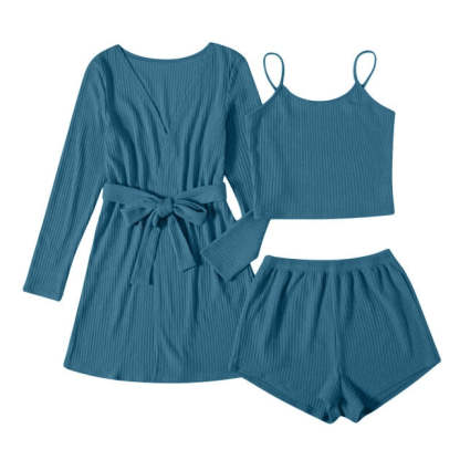 3 Piece Ribbed Cotton Pajamas Women Sleepwear Set-Original Pajamas
