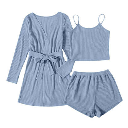 3 Piece Ribbed Cotton Pajamas Women Sleepwear Set-Original Pajamas