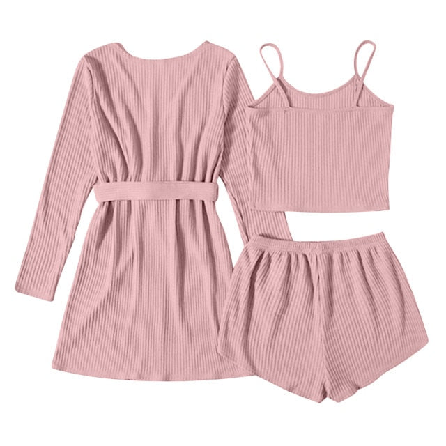 3 Piece Ribbed Cotton Pajamas Women Sleepwear Set-Original Pajamas