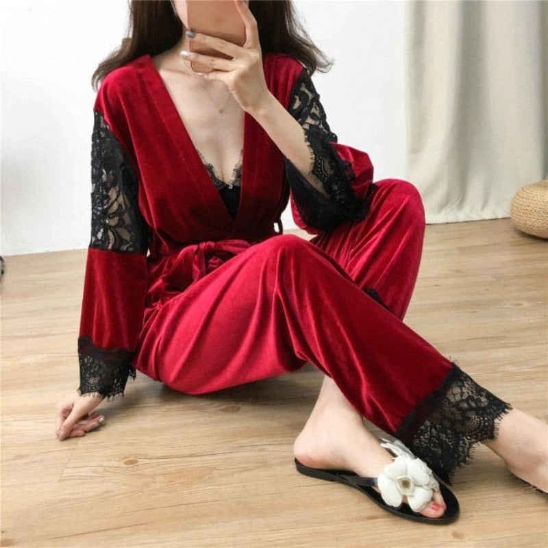 The Three Piece Velvet Original Pajamas Set-Original Pajamas