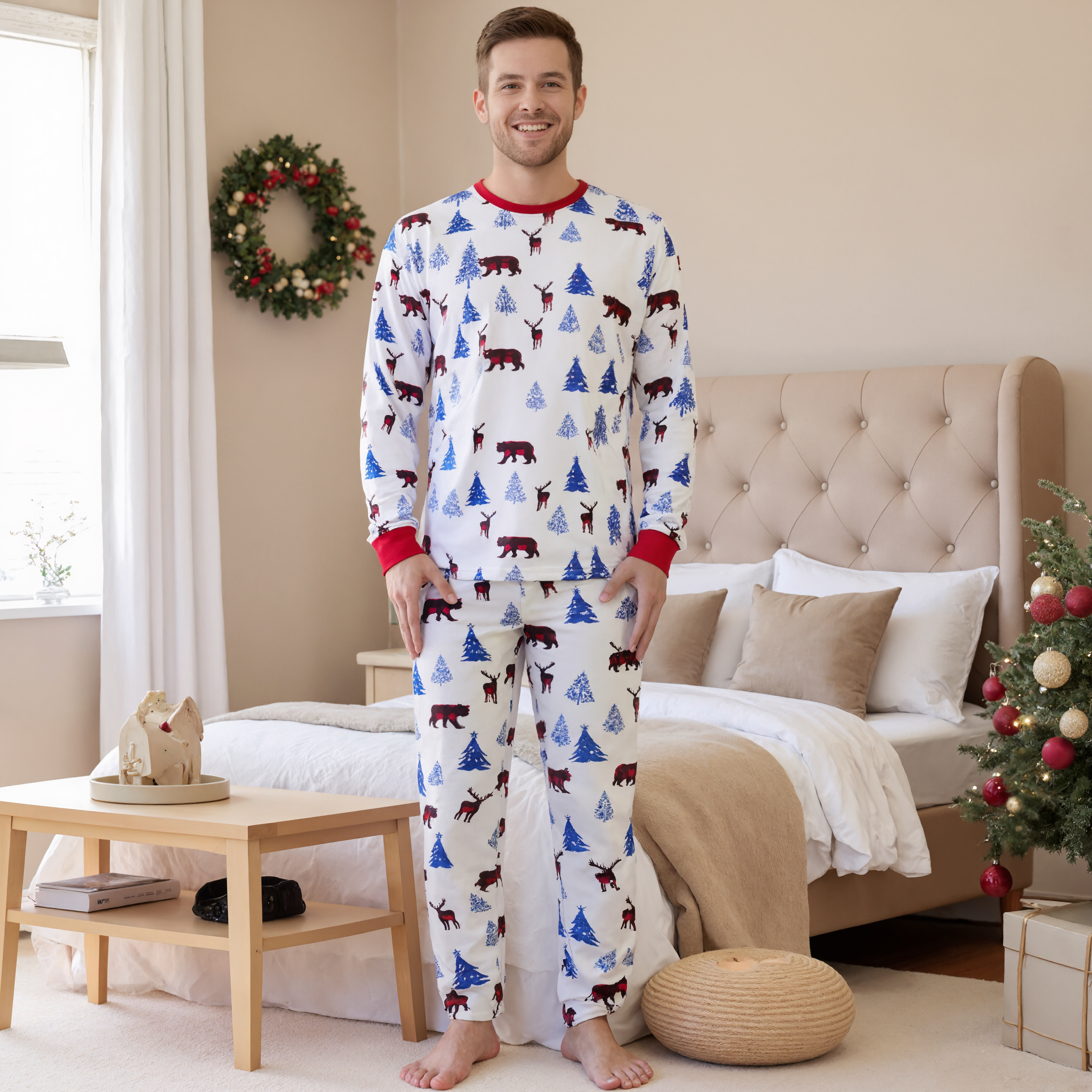 Long Sleeve Bear Print Tops and Plaid Pants Family Matching Pajama Sets