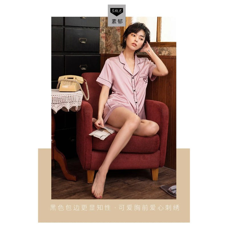 Women Suit Heart Embroidered Pajamas-Original Pajamas
