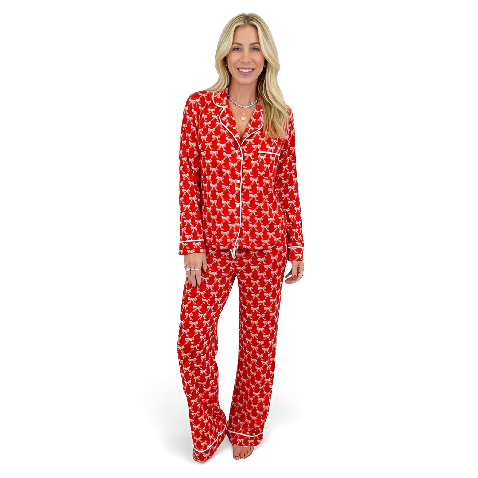 Bow Print Long Sleeve Pajama Set For Women