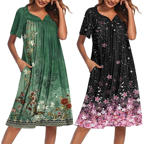 Pack Of 2 Women Short Sleeve With Pockets Casual Lounge Dress