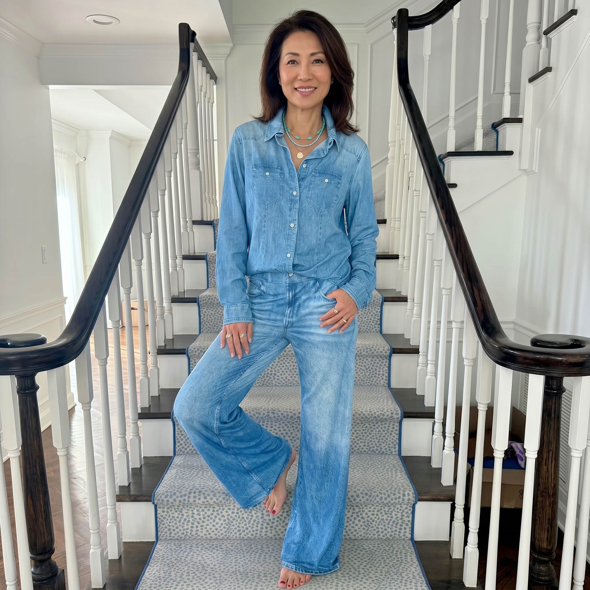 Faux Denim Print Two Piece Set