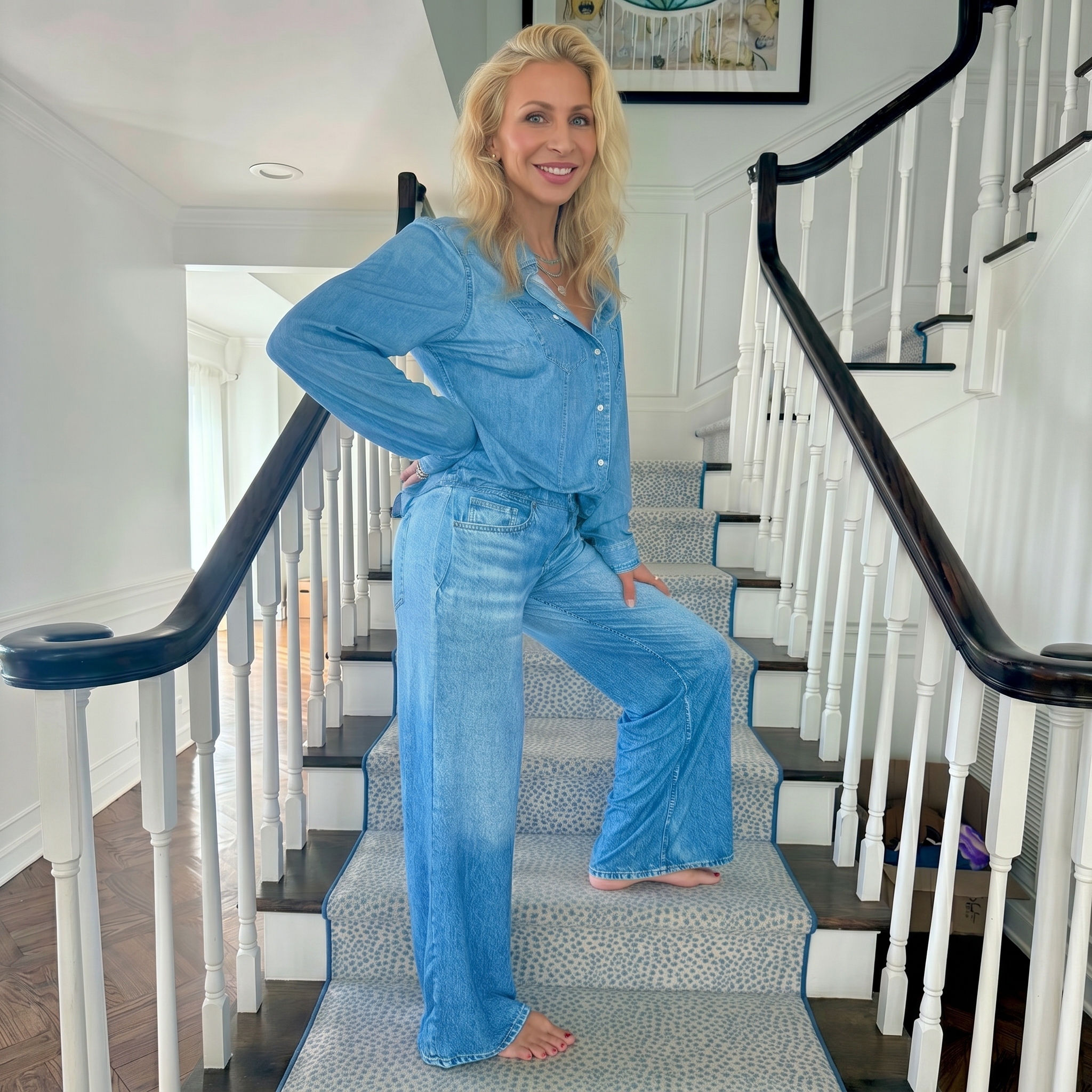 Faux Denim Print Two Piece Set