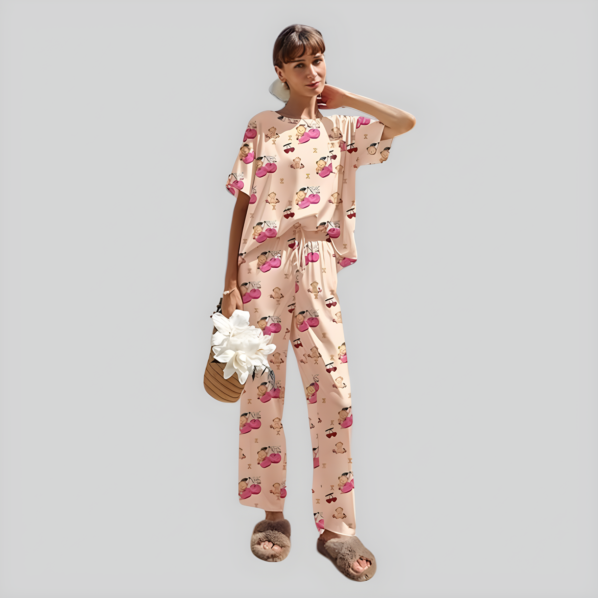 Women Satin Pajama Set Short Sleeve Top with Long Pants Sleepwear