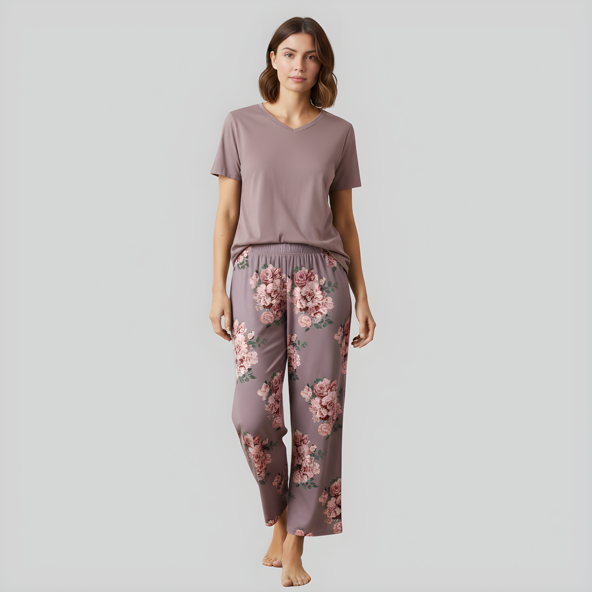 V Shape Sleepwear Top And Capri Pajama Lounge Sets