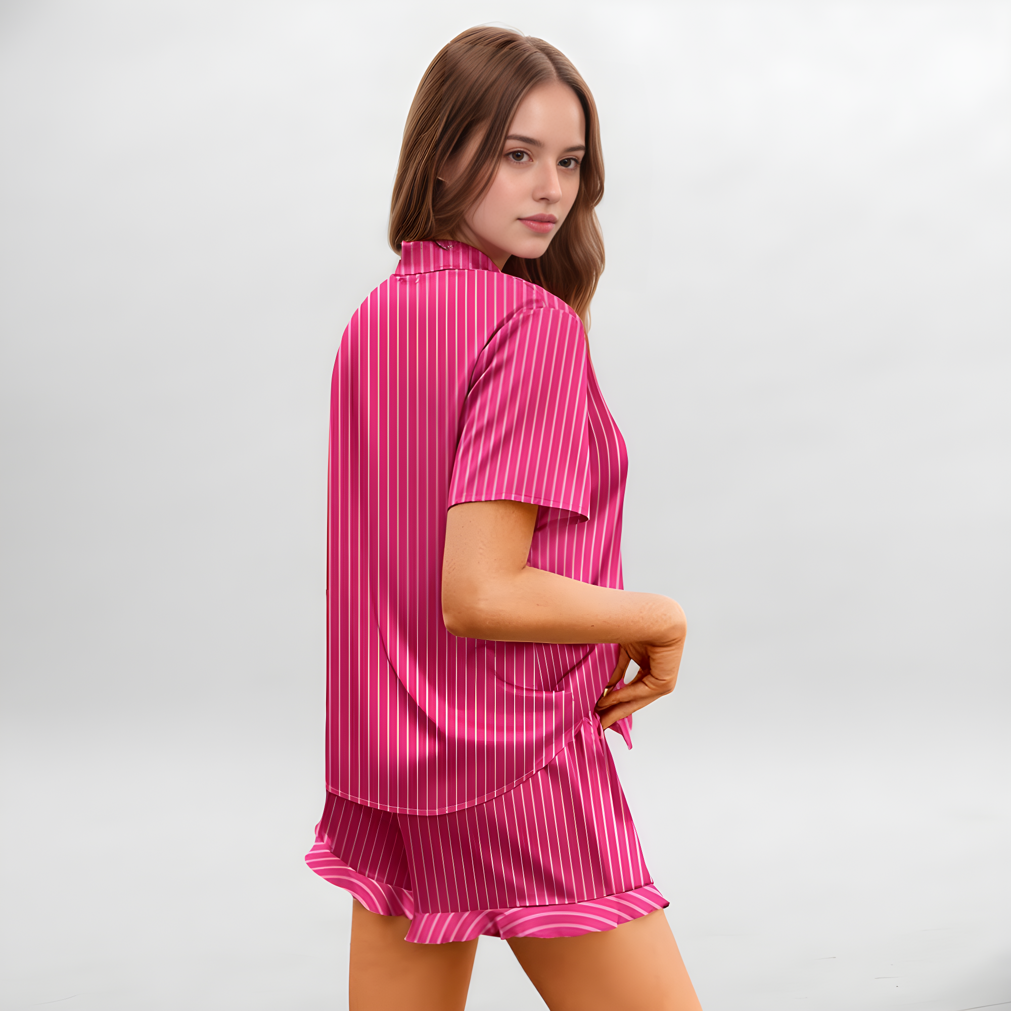 Women Ruffle Lingerie Notch Collar Sleepwear Satin 2 Piece Pajama Set