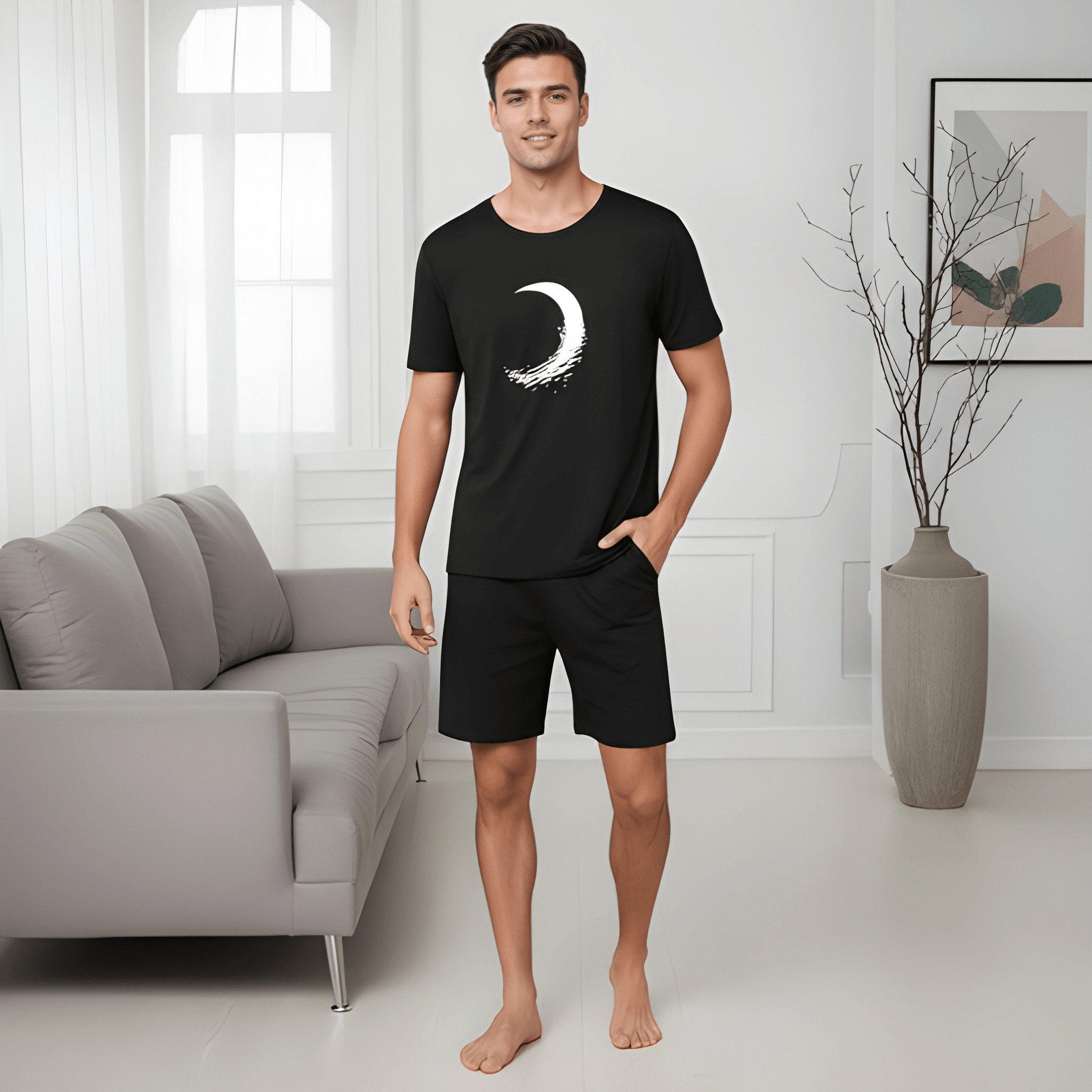 One Set Couple Style Moon Print Men's Short Sleeve Shorts Pajama Suit or Women's Strap Skirt 1 Set