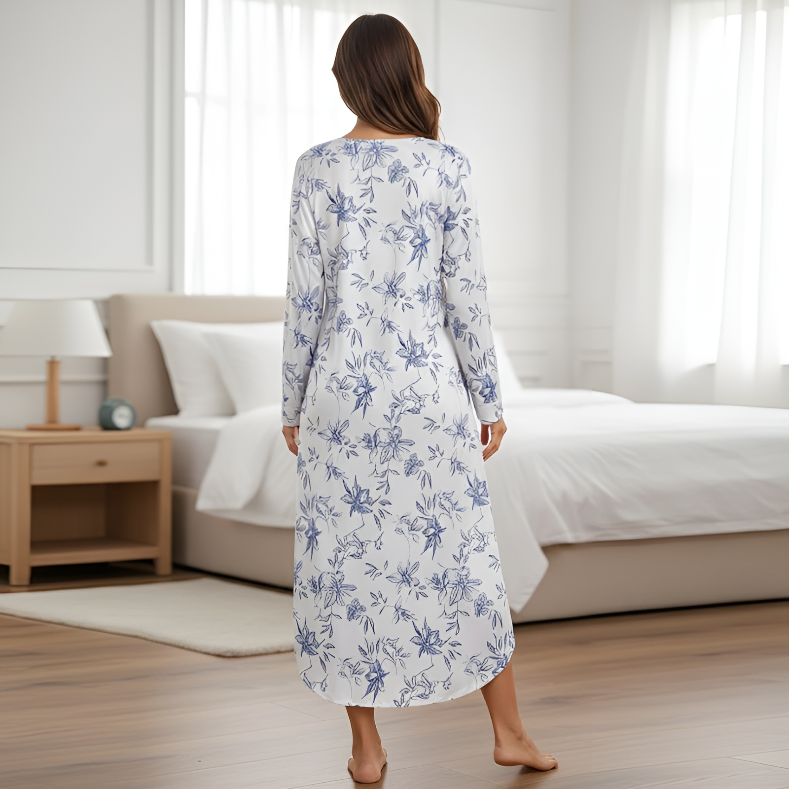 Classic Nightgown With Long Sleeve Button Down Design For Women