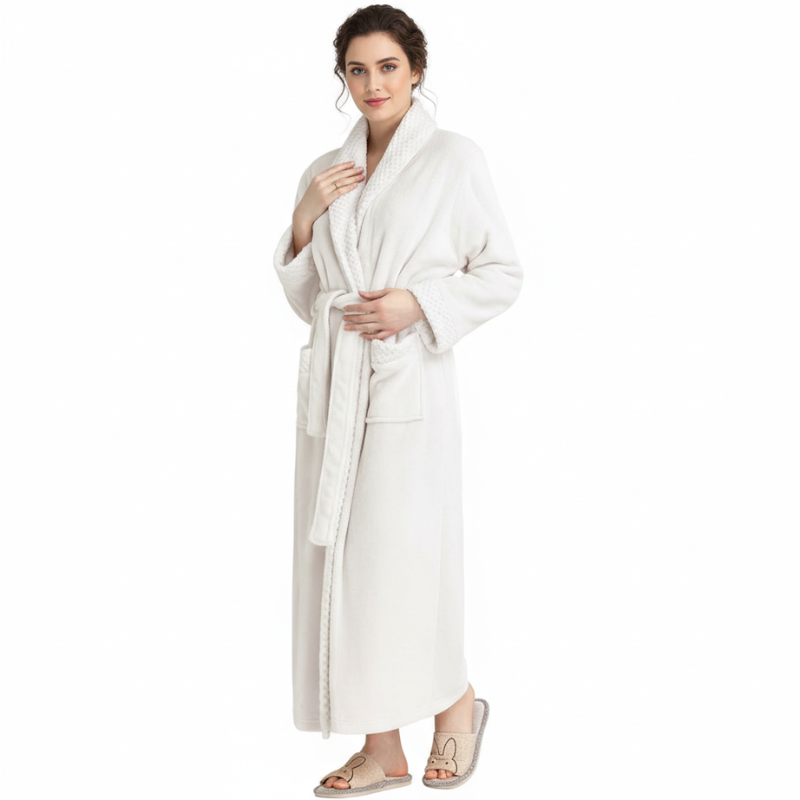 Long Fleece Shawl Collar Design Bathrobe For Women