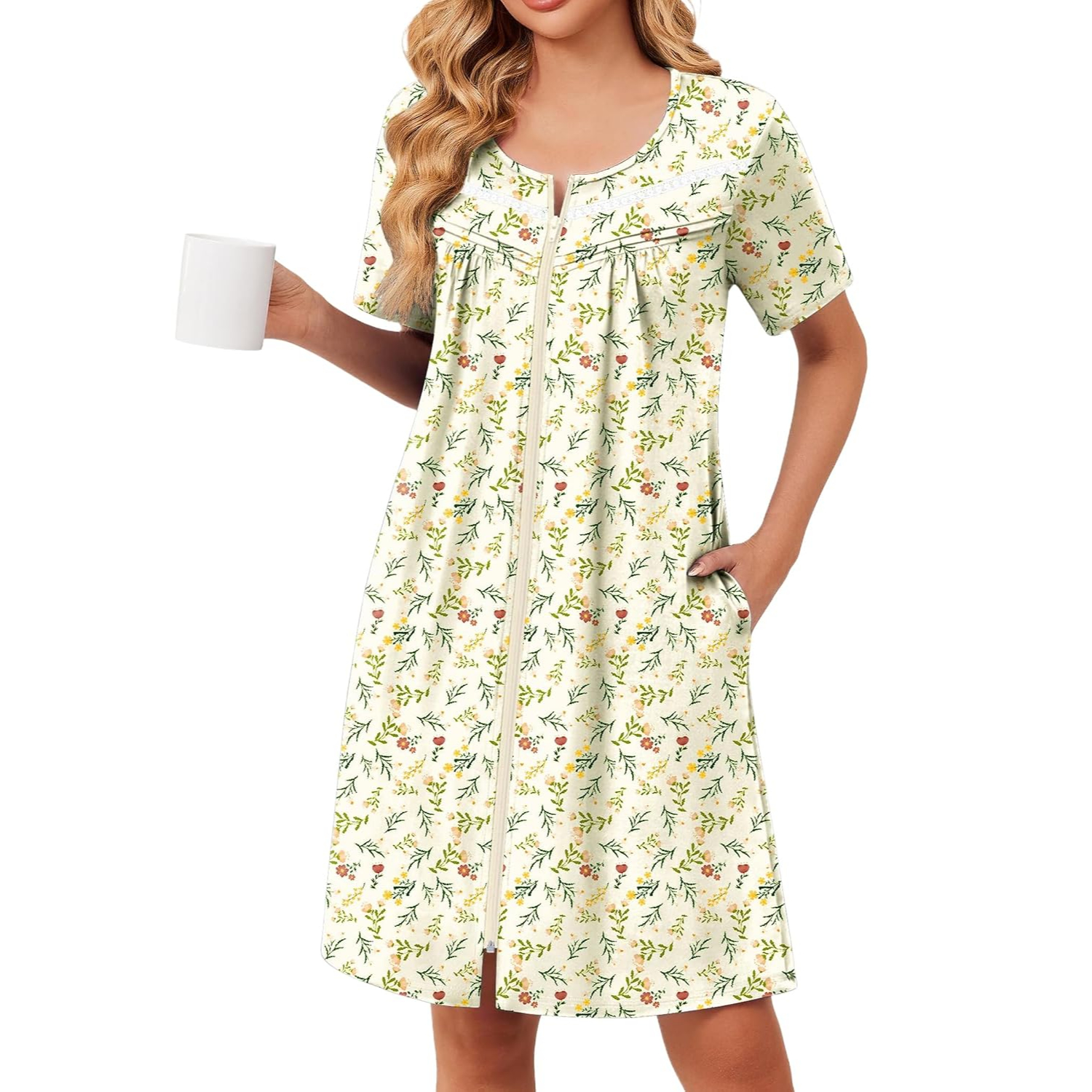 Lightweight Short Sleeve Zipper Robes with Pockets For Women