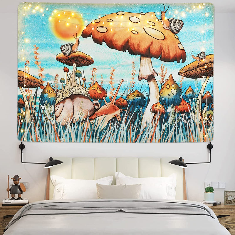 Trippy Mushroom Tapestry Hippie Sun Tapestry Snail Tapestry Plants and Leaves Tapestries Fantasy Fairy Tale Tapestry Wall Hanging for Room