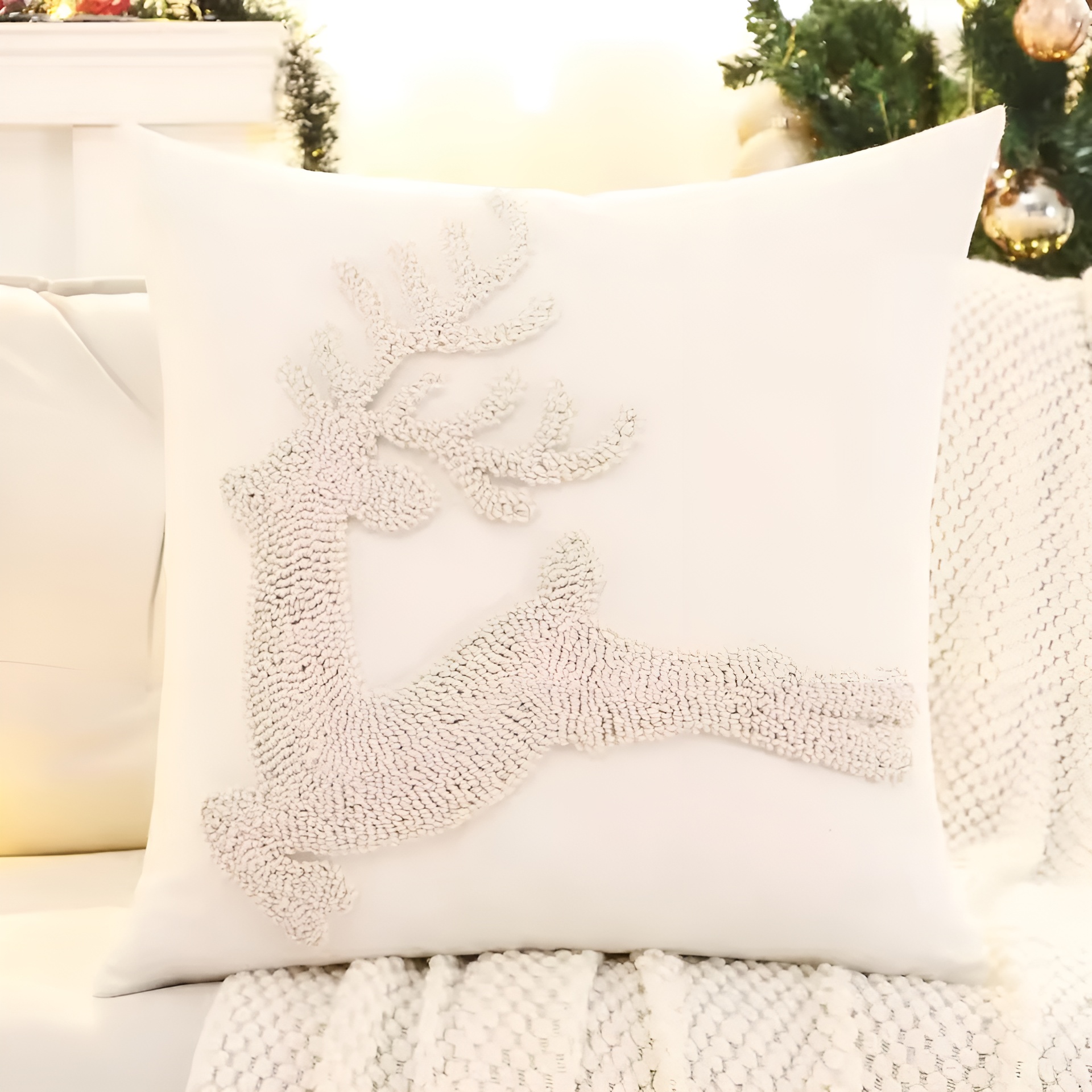 1 Piece Christmas Decoration Throw Pillow CoverChristmas Pillow Cover With Tufted Snowflake And Reindeer Design - Image 4