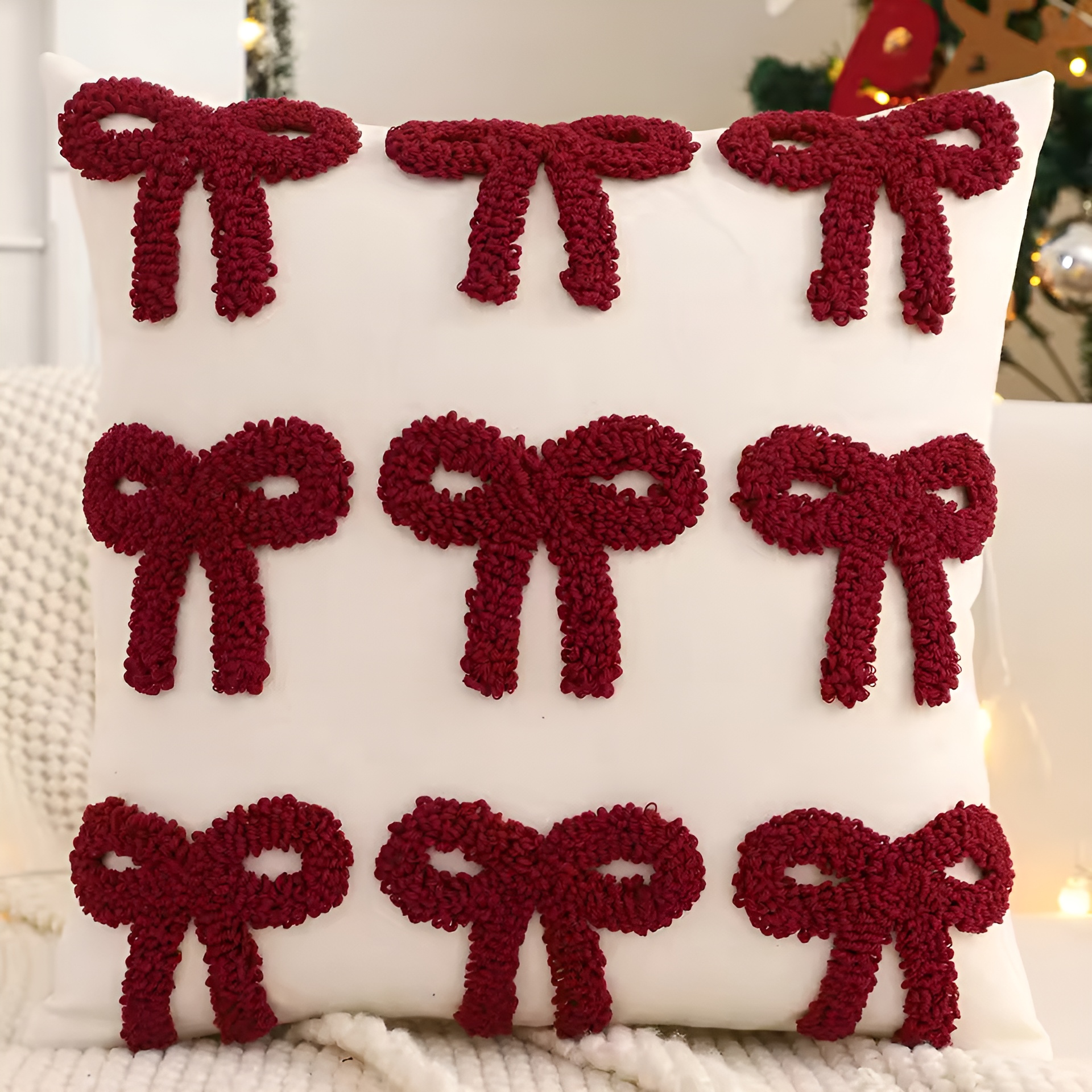 Christmas Decoration Tufted Throw Cotton Pillow CoverChristmas Tufted Bow Candy Decorative Square Cushion Cover - Image 4