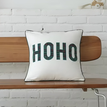 Christmas Themed Plaid Cushion Cover With Embroidered