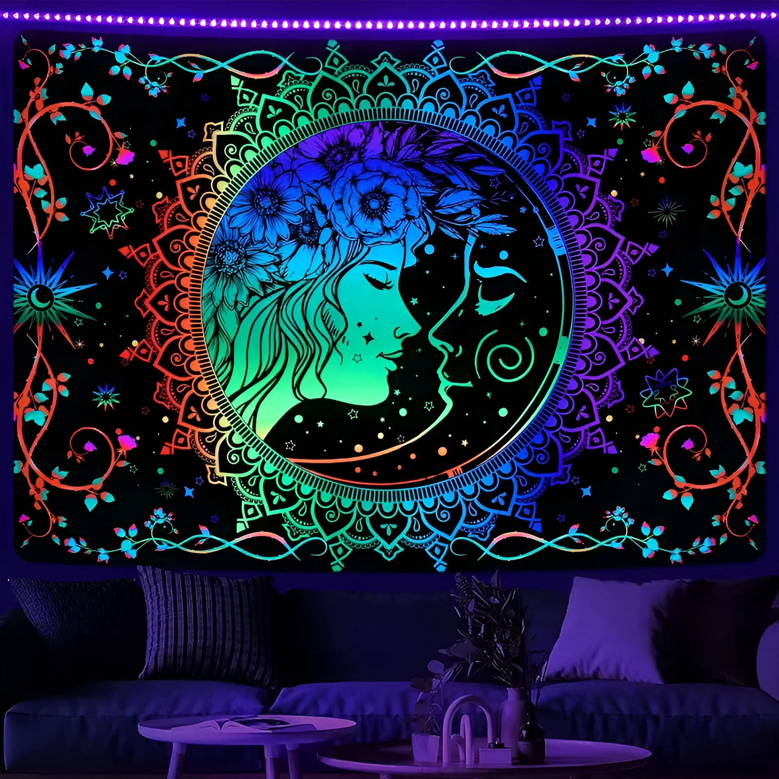 Blacklight Boho Tapestry Trippy Colorful Tapestries 