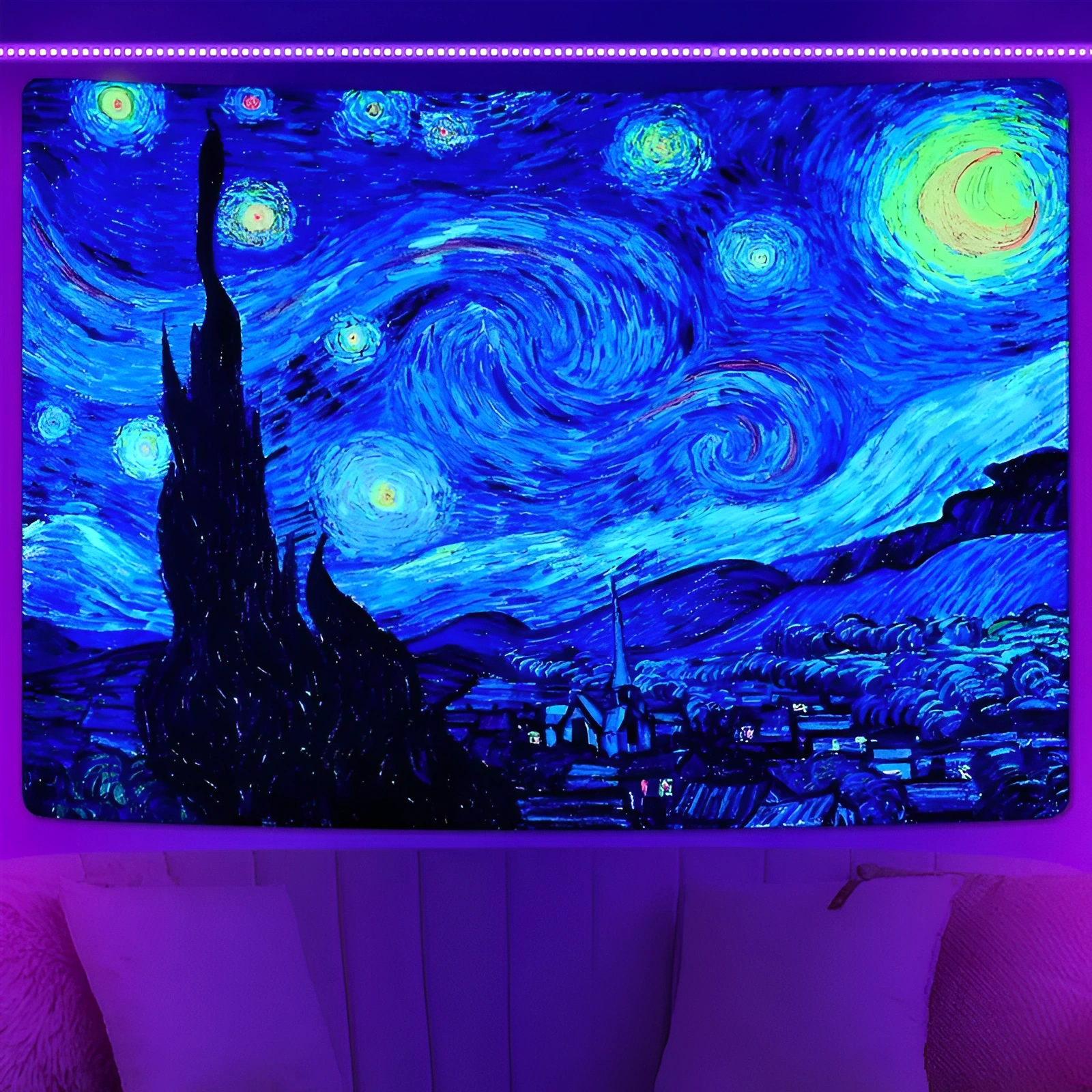 Blacklight Starry Night Tapestry Vincent Van Gogh Tapestry UV Reactive Oil Painting 