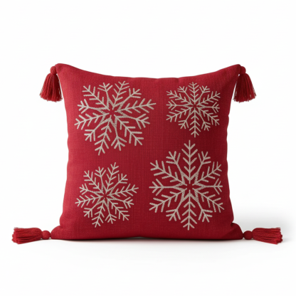 Holiday Embroidered Cushion Cover With Snowflake And Merry Christmas Design