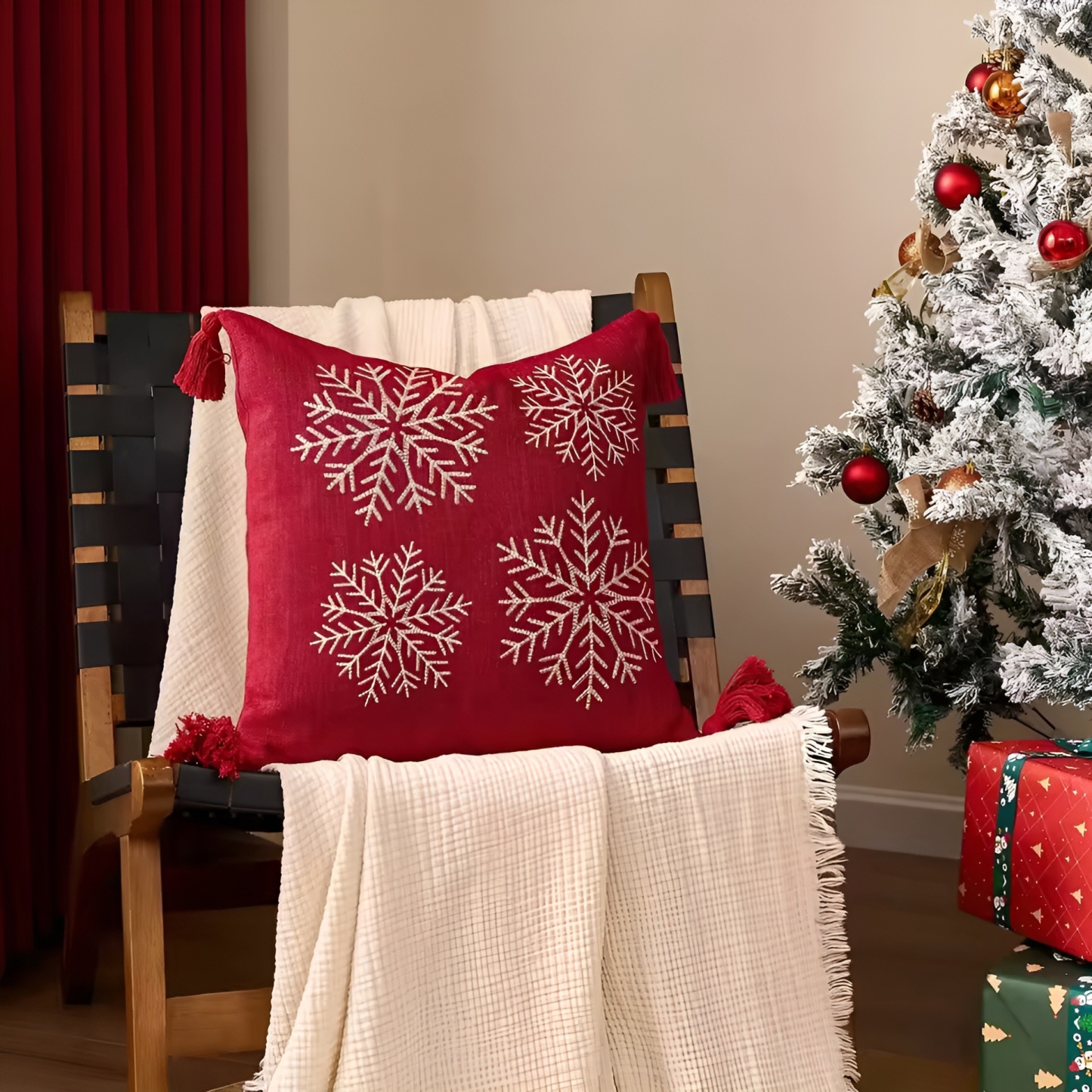 Holiday Embroidered Cushion Cover With Snowflake And Merry Christmas Design