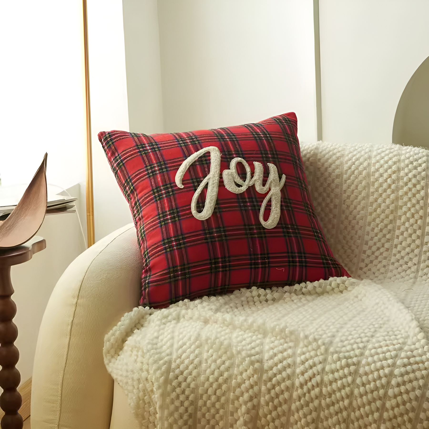 Christmas Themed Plaid Cushion Cover With Embroidered