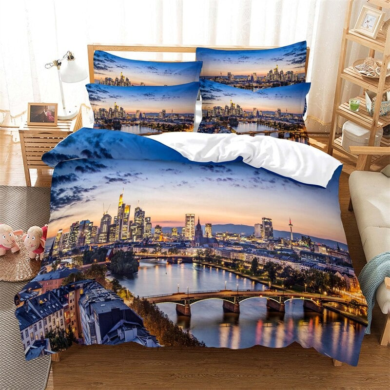 Night View Patterned Duvet Cover And Pillowcase Bedding Set