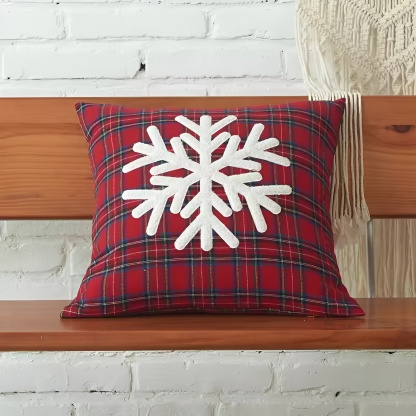 Christmas Themed Plaid Cushion Cover With Embroidered