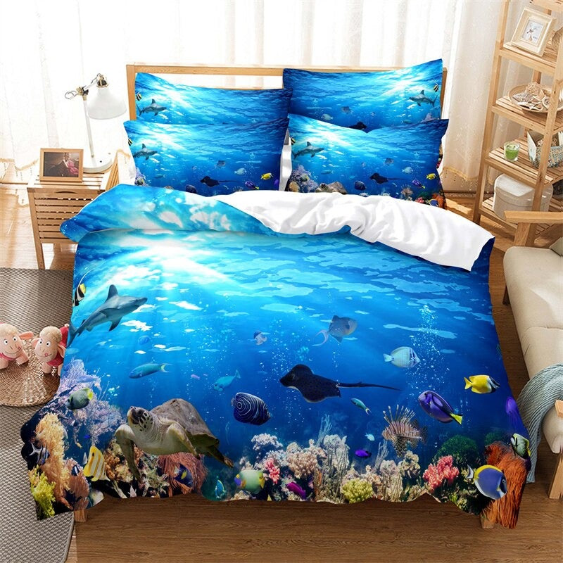 Blue Marine Print Duvet Cover Set