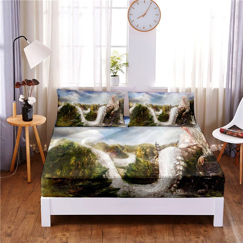 3 Pcs Fairy Fantasy Digital Printed Polyester Fitted Bed Sheet Set