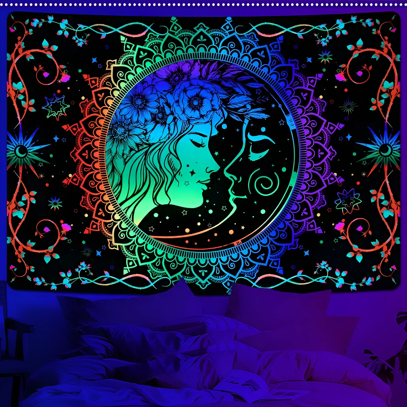 Blacklight Boho Tapestry Trippy Colorful Tapestries UV Reactive Boho Themed Blacklight Tapestry For Decor - Image 2