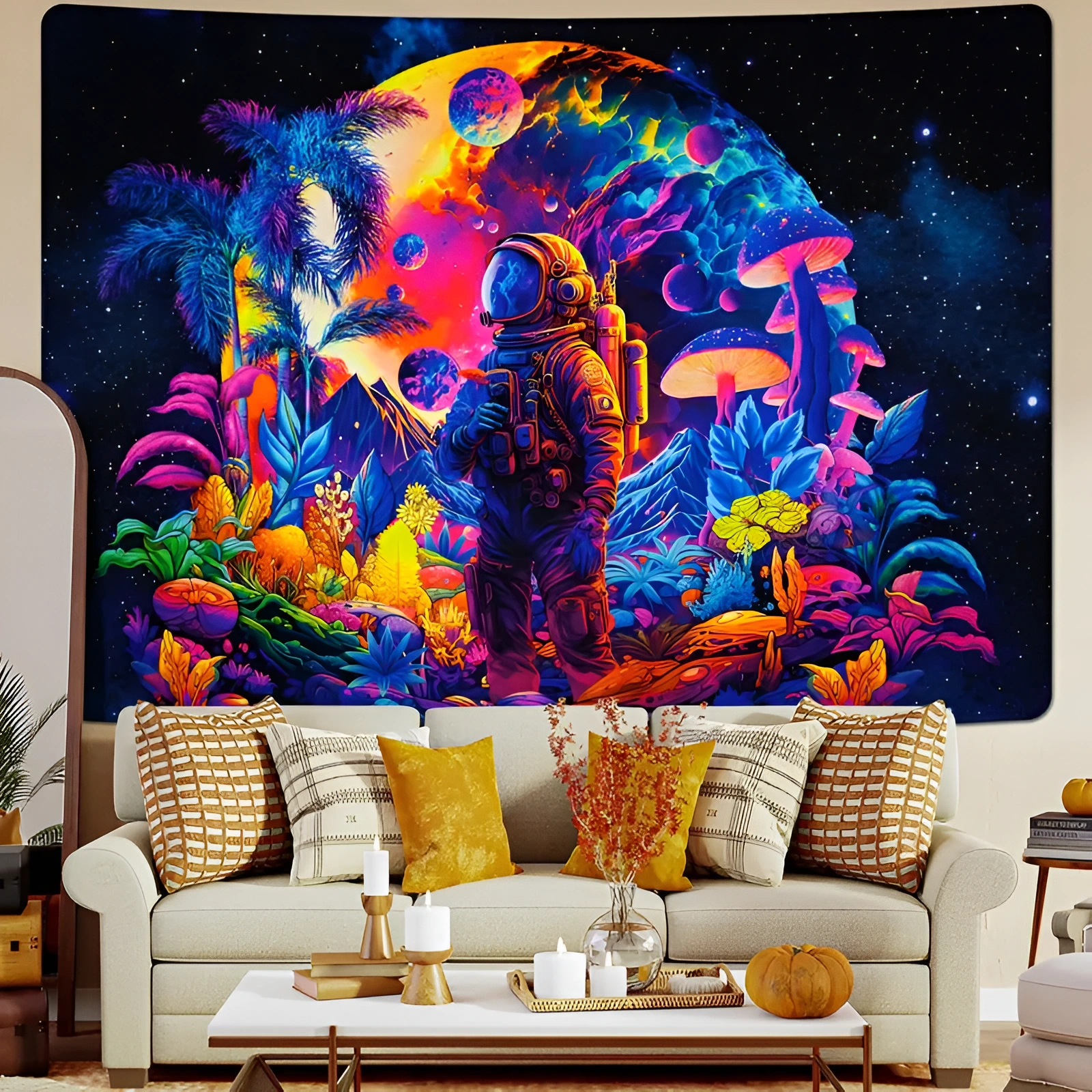 Blacklight Space Astronaut Tapestry for Men Space Astronaut Themed Mushroom Design Tapestry With UV Glow - Image 2
