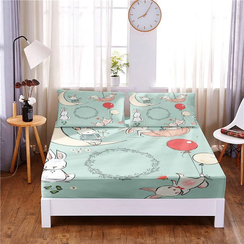 3 Pcs Cartoon Animal Digital Printed Polyester Fitted Sheet Set