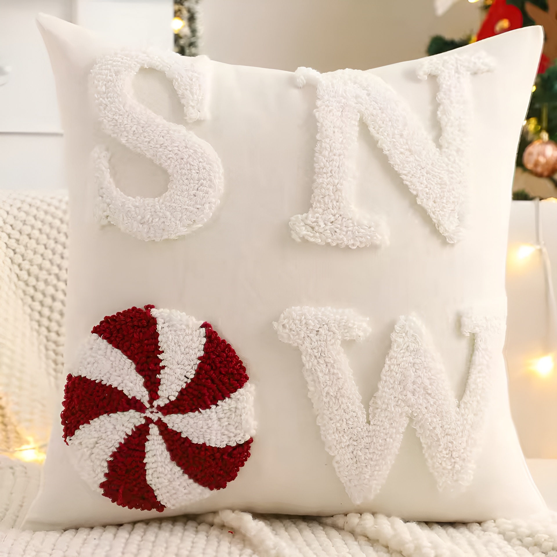 Christmas Decoration Tufted Throw Cotton Pillow CoverChristmas Tufted Bow Candy Decorative Square Cushion Cover - Image 2