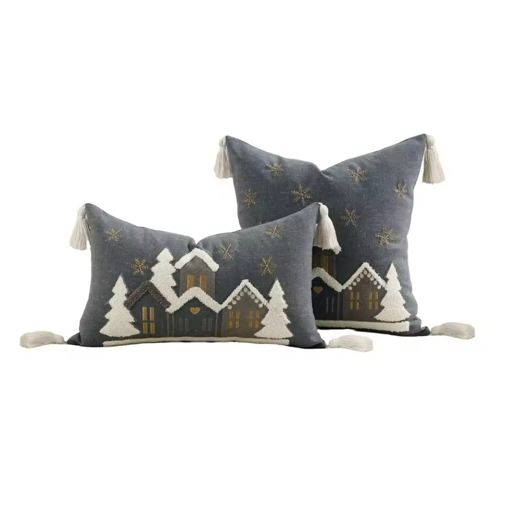 Embroidered Snowflake And Christmas House Cushion Cover