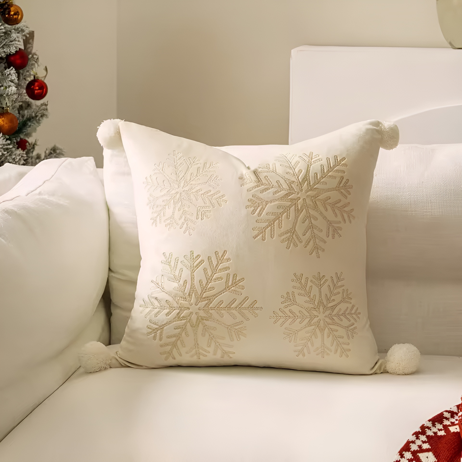 Holiday Embroidered Cushion Cover With Snowflake And Merry Christmas Design