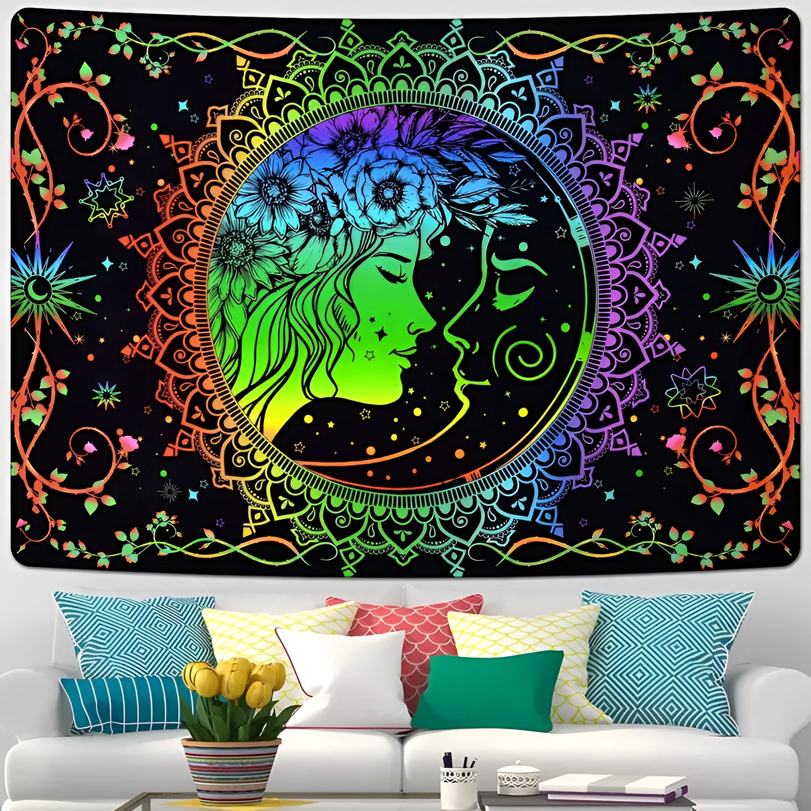 Blacklight Boho Tapestry Trippy Colorful Tapestries 