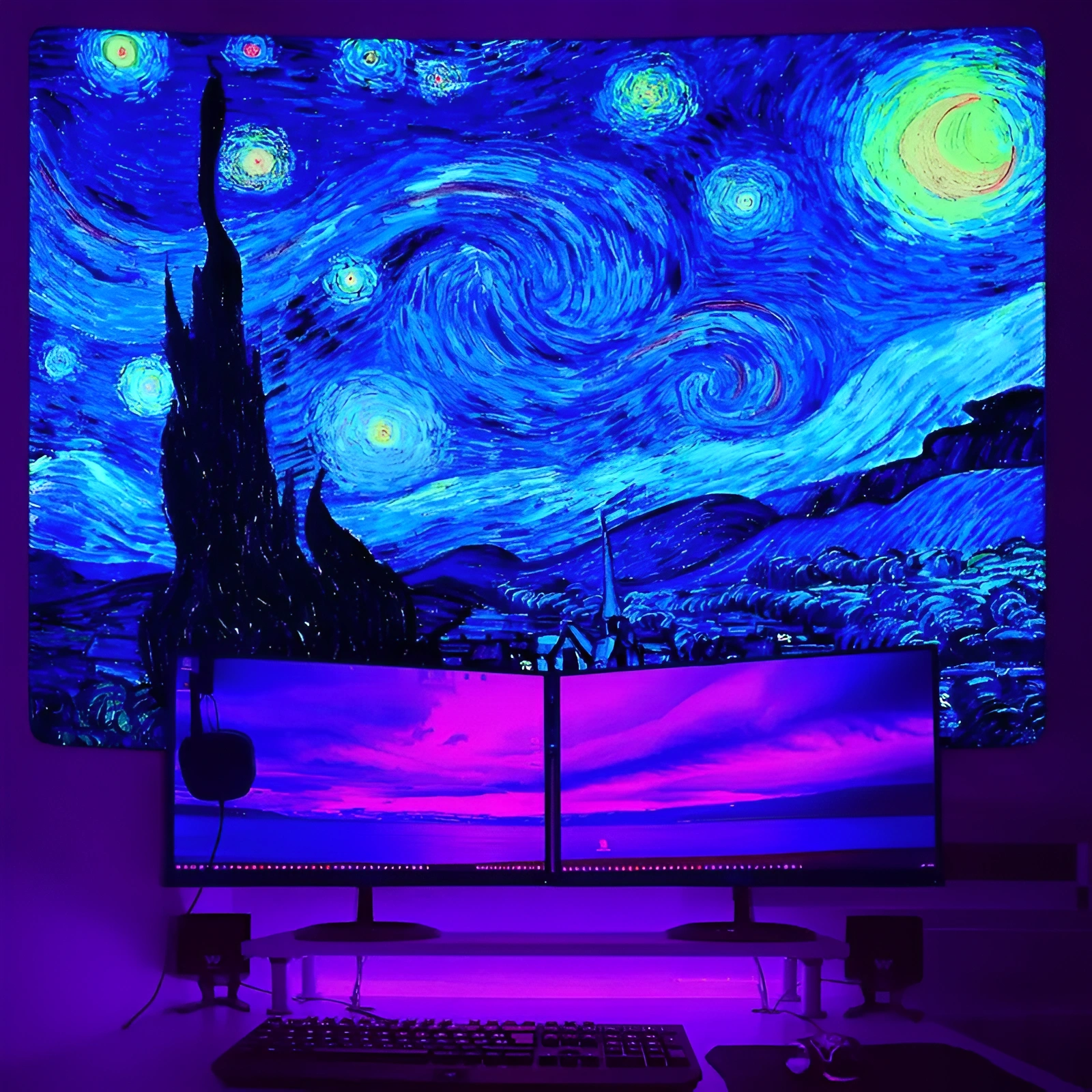 Blacklight Starry Night Tapestry Vincent Van Gogh Tapestry UV Reactive Oil Painting 