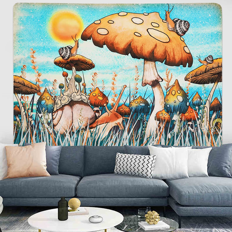Trippy Mushroom Tapestry Hippie Sun Tapestry Snail Tapestry Plants and Leaves Tapestries Fantasy Fairy Tale Tapestry Wall Hanging for Room
