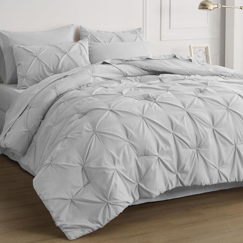 Pack Of 7 Pintuck Bedding Set With Geometric Pattern For All Season Bedroom Decor