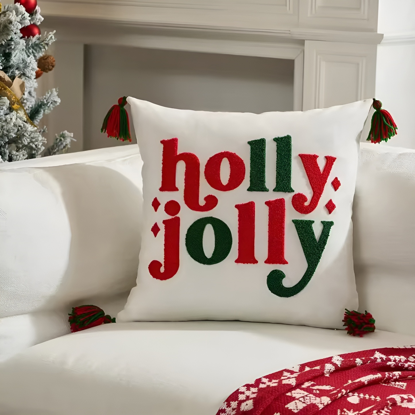 Holiday Embroidered Cushion Cover With Snowflake And Merry Christmas Design